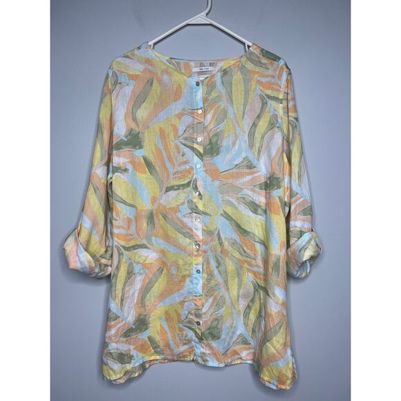 Rachel Zoe 100% Linen Tunic Shirt Button Up Pastel Floral Roll Tab Plus Size 1X - Picture 3 of 8